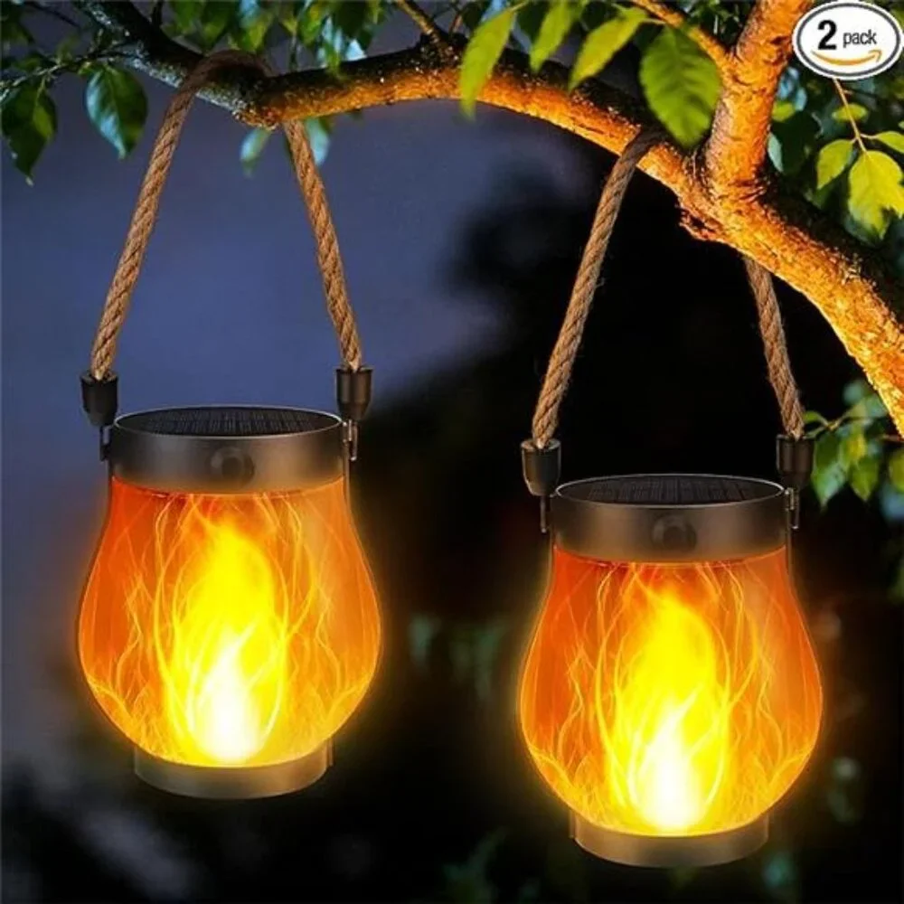 Solar Flame Lanterns Outdoor Hanging Waterproof 2 Pack Garden Yard Decor